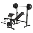 Black weight bench with barbell and weights, ideal for home gym workouts and strength training