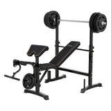 Black weight bench with barbell and weights, ideal for home gym workouts and strength training