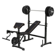 Black weight bench with barbell and weights, ideal for home gym workouts and strength training