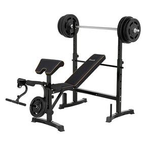 Black weight bench with barbell and weights, ideal for home gym workouts and strength training