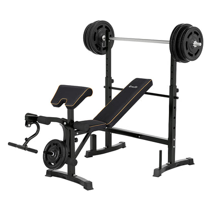 Black weight bench with barbell and weights, ideal for home gym workouts and strength training