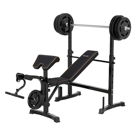 Adjustable 10-in-1 weight bench with weights, barbell, and leg extension for home gym