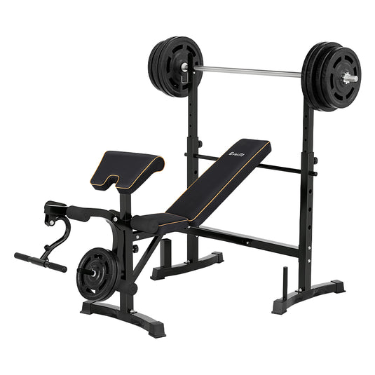 Black weight bench with barbell and weights, ideal for home gym workouts and strength training