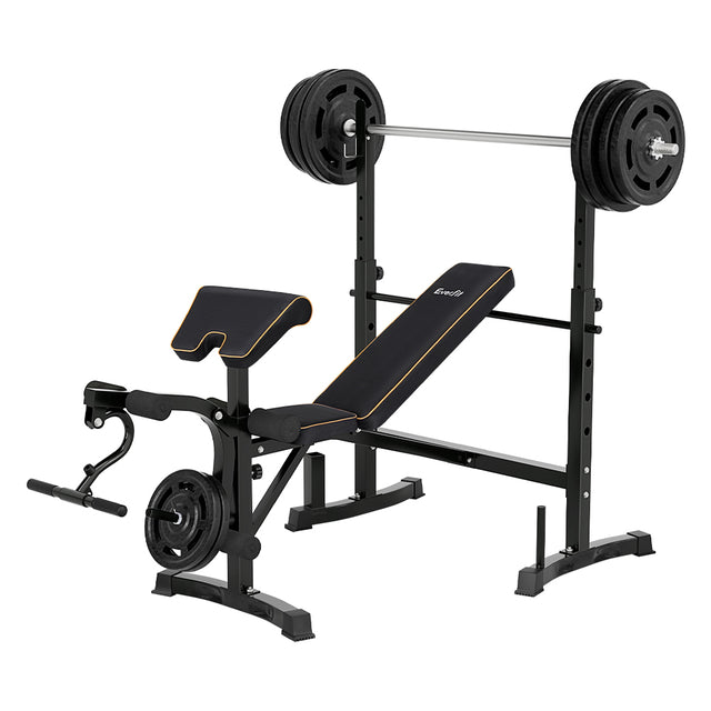 Black weight bench with barbell and weights, ideal for home gym workouts and strength training