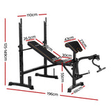 Adjustable weight bench with squat rack, 196cm long, black frame, ideal for home gym workouts