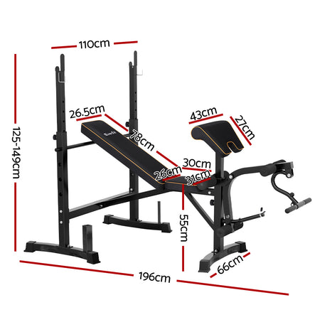 Adjustable weight bench with preacher curl pad, leg developer, and labeled dimensions