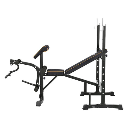 Black weight bench with adjustable backrest and leg developer for home gym workouts