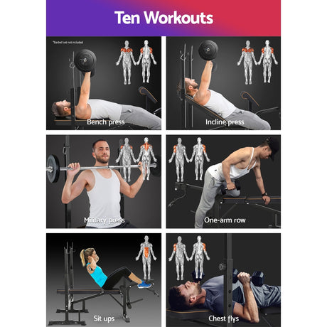 Adjustable weight bench used for bench press, incline press, military press, one-arm row, sit ups, and chest fly exercises, shown with people demonstrating each workout and highlighted muscle groups.