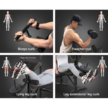 Multi-function fitness bench for biceps curls, preacher curls, leg extensions, and leg curls