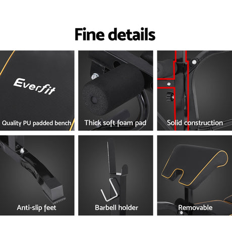 Workout bench with padded seat, foam pads, solid steel frame, anti-slip feet, barbell holder, and removable arm pad.