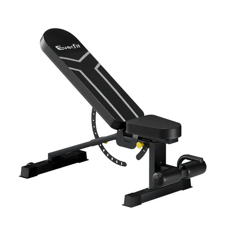 Adjustable black weight bench with padded seat and backrest for home gym workouts