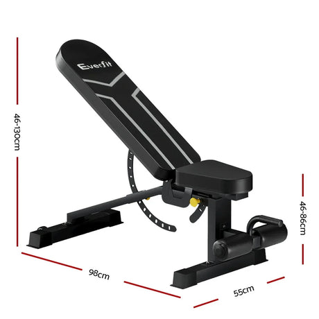 Adjustable black weight bench with Everfit logo, multiple incline positions, and size dimensions shown.