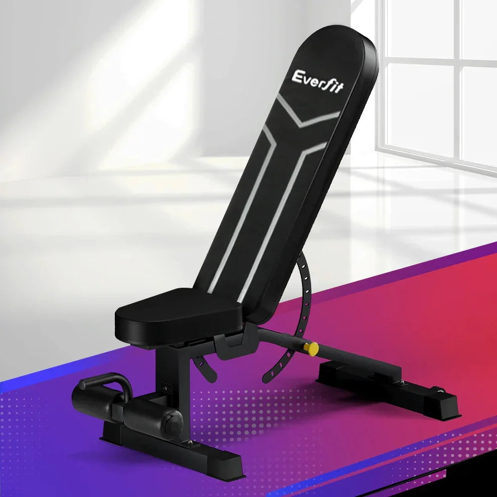 Adjustable black weight bench for home gym workouts with padded seat and Everfit logo