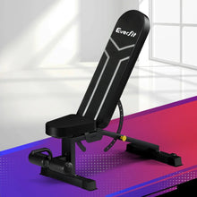 Adjustable black weight bench for home gym workouts with padded seat and Everfit logo