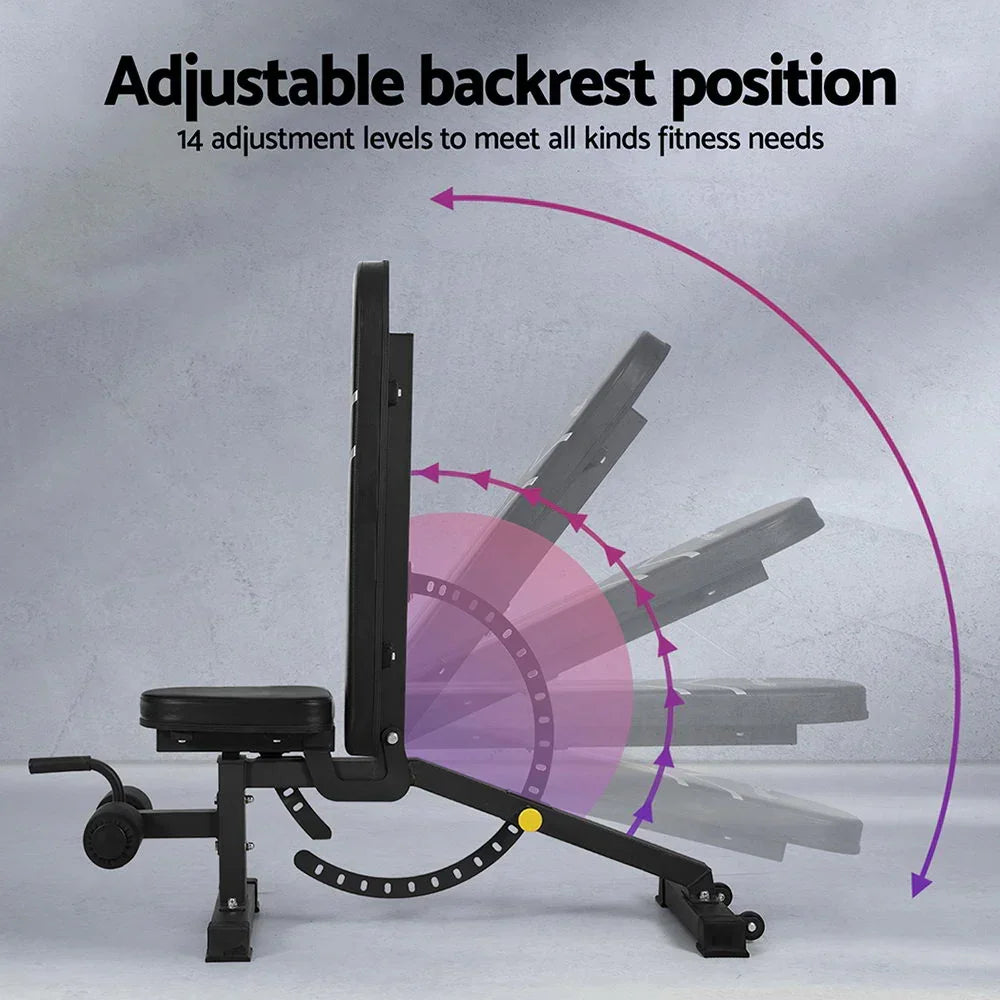 Adjustable weight bench with 14 backrest positions for versatile home gym workouts