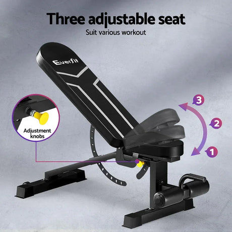 Adjustable weight bench with three seat positions and visible adjustment knobs for workouts