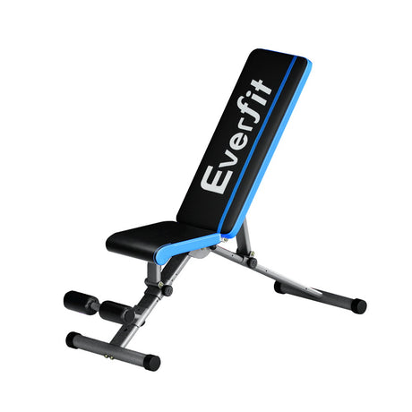 Adjustable Everfit weight bench with black padding and blue trim for home gym workouts