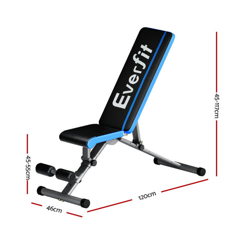 Adjustable black and blue weight bench with measurements for home gym workouts