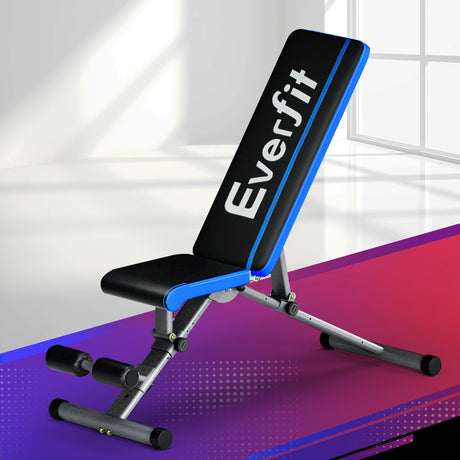 Adjustable weight bench with black padding, blue trim, and 'Everfit' logo in a gym setting