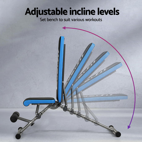 Adjustable workout bench with blue padding showing multiple incline settings for home gym