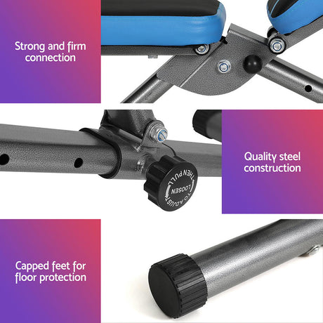 Adjustable weight bench with strong steel frame, blue padded seat, and capped feet for protection.