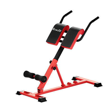 Red and black adjustable weight bench with padded seat and handles for home gym workouts