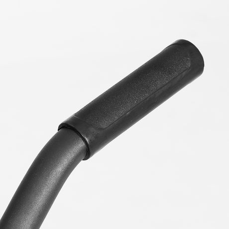 Close-up of black textured fitness bench handle grip on a white background