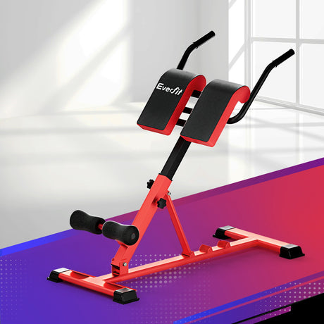 Red adjustable workout bench with padded supports for home gym, Everfit logo visible