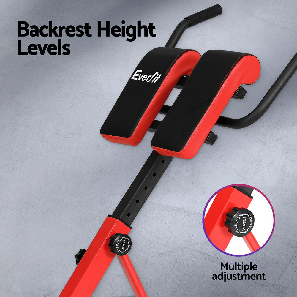 Adjustable red and black Everfit sit-up bench with multiple backrest height levels for home gym workouts