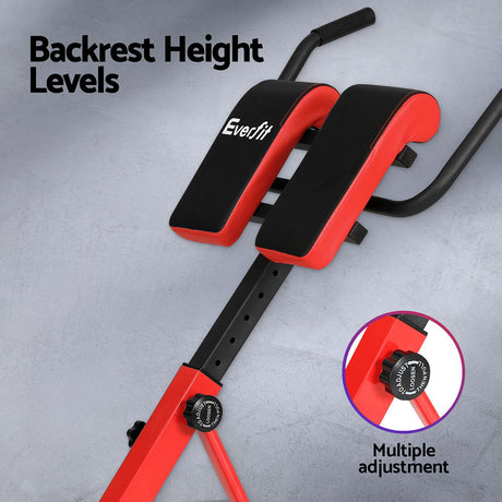 Adjustable black and red workout bench with padded seat and multiple backrest height levels