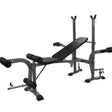 Adjustable weight bench with leg developer and barbell rack for home gym workouts