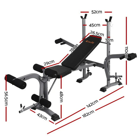 Adjustable Everfit weight bench with leg developer and barbell rack, detailed dimensions shown