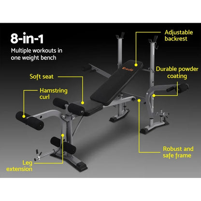 Multi-function weight bench with adjustable backrest, leg extension, and hamstring curl features.