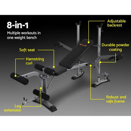 8-in-1 weight bench with adjustable backrest, soft seat, leg extension, hamstring curl, durable powder coating, and sturdy frame