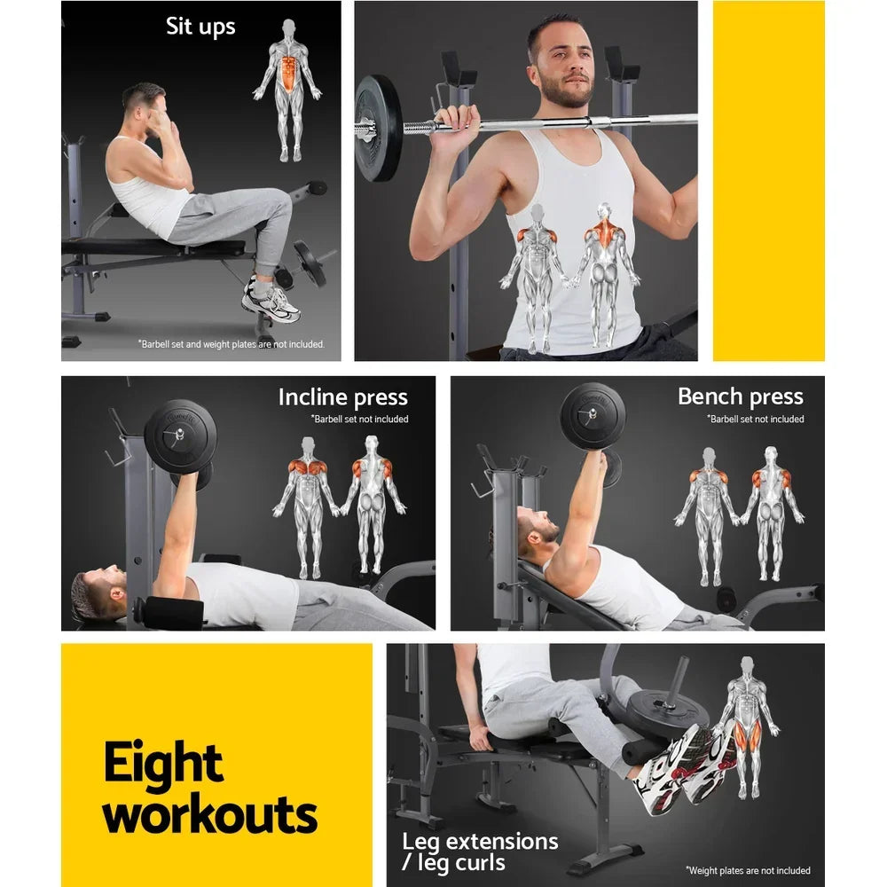 Multi-function gym bench used for sit ups, incline press, bench press, leg curls and extensions, showing targeted muscle groups.