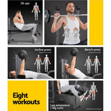 Multi-function gym bench used for sit ups, incline press, bench press, leg curls and extensions, showing targeted muscle groups.