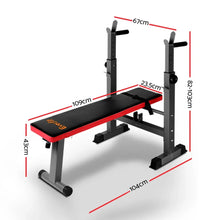 Adjustable weight bench with red and black padding, shown with size dimensions in centimeters.