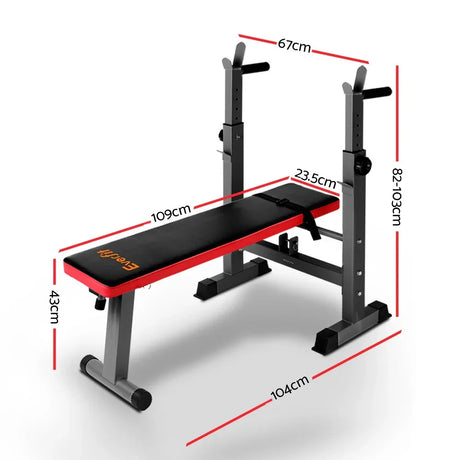 Adjustable weight bench with red and black padding, shown with size dimensions in centimeters.
