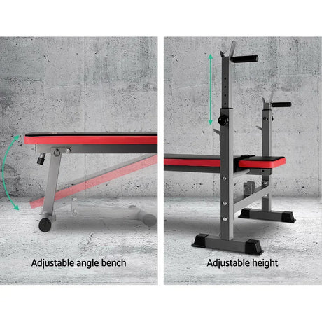 Adjustable weight bench with red padding, showing angle and height adjustments for home gym