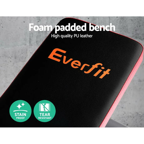 Black and red foam padded bench with Everfit logo, high quality PU leather, stain and tear resistant.