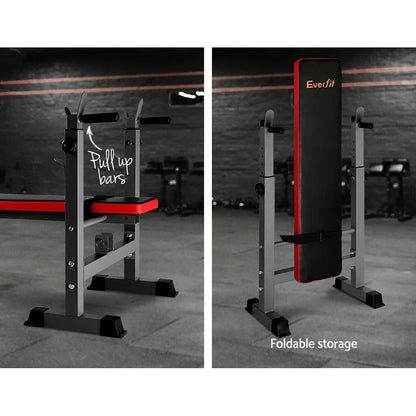 Adjustable workout bench with pull-up bars and foldable storage feature in a gym