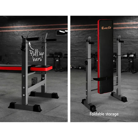 Adjustable workout bench with pull-up bars and foldable storage feature in a gym