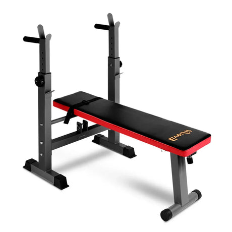 Adjustable weight bench for home gym, black and red with barbell rack