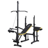 Adjustable weight bench with black and yellow padding, barbell rack, and cable pulley