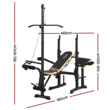 Adjustable weight bench with preacher curl, squat rack, and measurement labels in centimeters.