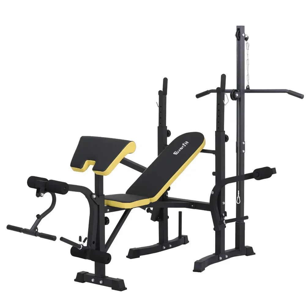 Adjustable black and yellow weight bench with barbell rack and multi-function attachments