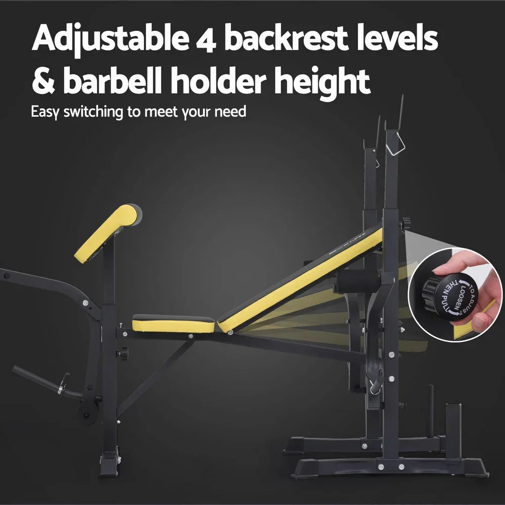 Adjustable yellow and black weight bench with four backrest levels and barbell holder