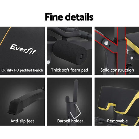 Everfit adjustable weight bench details, padded seat, foam pad, solid frame, barbell holder