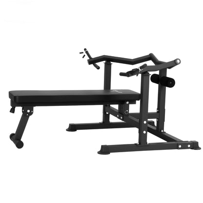 Black adjustable weight bench with preacher curl pad for home gym workouts