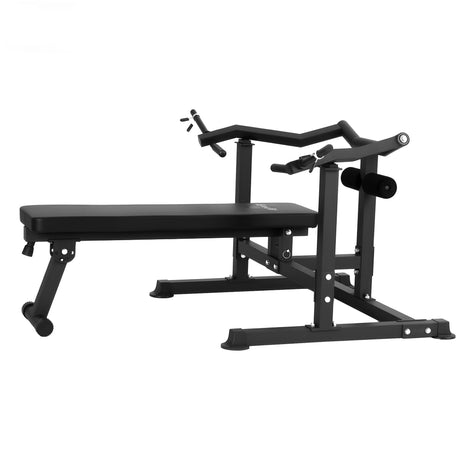 Adjustable black weight bench with arm curl attachment for home gym workouts
